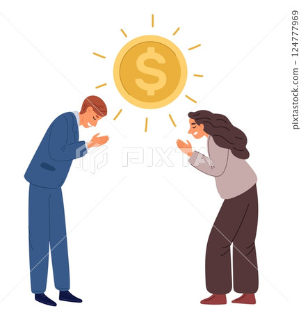 Businessman and businesswoman pray for financial prosperity. Worship gold coin. Addiction and servitude money. People wishing wealth. Office prayers. Greed man and woman. Vector concept 124777969