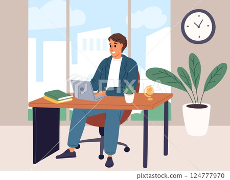 Businessman working at computer in office. Worker sitting at computer desk. Business workplace. Efficient employee. Busy male manager. Table with laptop and documents. Vector concept 124777970