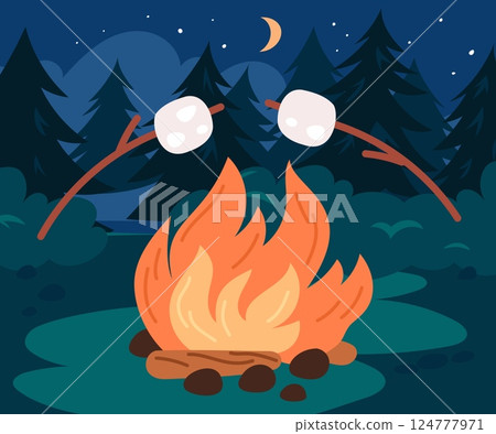 Camping with burning fire and roasted white marshmallows on stick. Forest campsite. Hiking adventure. Food cooking on campfire. Blazing firewood. Summer landscape. Vector camp bonfire Camping with burning fire and roasted white marshmallows on stick. Forest campsite. Hiking adventure. Food cooking on campfire. Blazing firewood. Summer landscape. Vector camp bonfire 124777971