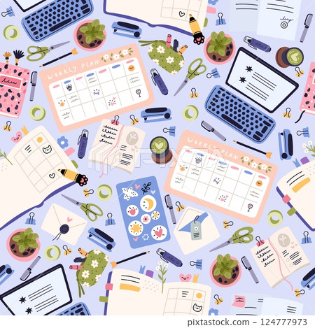 Desk with notepad and stationery. Office workplace seamless pattern. Notebook paper. Button or stapler. Messy workspace. Laptop on table top view. Pen and scissors. Vector background 124777973