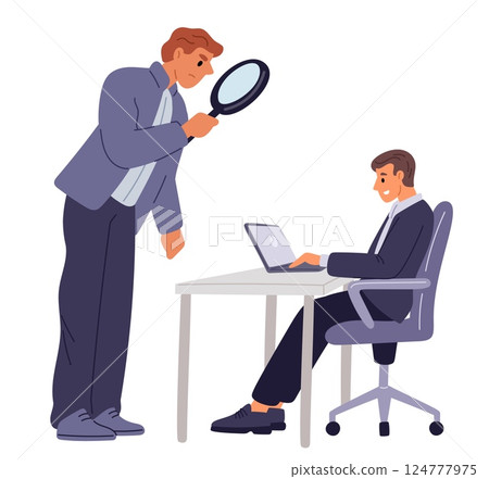 Employees work monitored by disgruntled supervisor. Business aggressive management. Businessman looking at worker through magnifying glass. Toxic suspicious manager. Vector concept 124777975