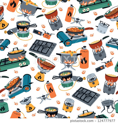 Gas equipment. Camping stoves seamless pattern. Portable burners for outdoor cooking. Fuel cylinder. Repeated print. Camp furnaces. Saucepan on oven. Food preparation. Vector background 124777977