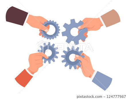 Hands with gears put mechanism together. Speed and improve performance. Fix and assemble machine. Arms join cogwheels. Teamwork challenge. Technical cooperation. Cog wheels. Vector concept 124777987