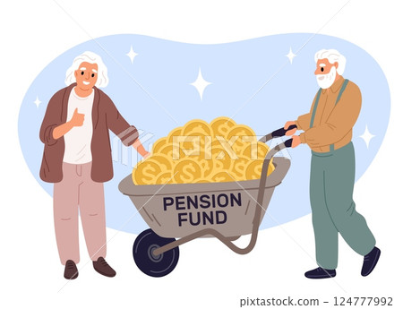 Happy old man and woman with their large retirement fund. Financial deposit. Elderly couple pushing wheelbarrow. Grandparents finance savings. Trolley for gold coins. Vector concept 124777992