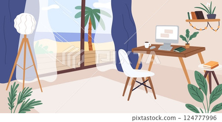 Home office interior. Freelancer workplace with desk and computer. Resort beach. House room furnishing. Freelance work table and chair. Tropical palm. Apartment window. Vector workspace Home office interior. Freelancer workplace with desk and computer. Resort beach. House room furnishing. Freelance work table and chair. Tropical palm. Apartment window. Vector workspace 124777996