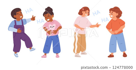 Little boys and girls laughing and having fun together. Friends happy meeting. Joyful children. Laughter and humor joke. Humorous talk. Emotion expression. Vector cheerful kids set 124778000