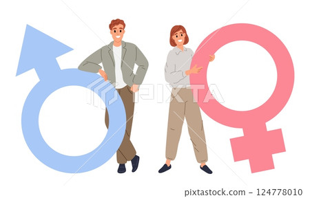 Man and woman with their signs. Human gender. Feminine or masculine characters. Heterosexual couple relationship. People holding big sex symbols. Equality and balance. Vector concept Man and woman with their signs. Human gender. Feminine or masculine characters. Heterosexual couple relationship. People holding big sex symbols. Equality and balance. Vector concept 124778010