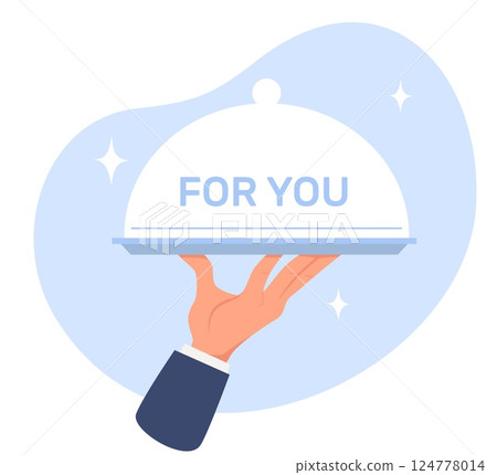 Man hand holds tray with lid and inscription for you. Catering service. Cafe staff carrying plate. Cloche cap. Waiter arm with dinner dish. Kitchen chef. Surprise giving. Vector concept 124778014