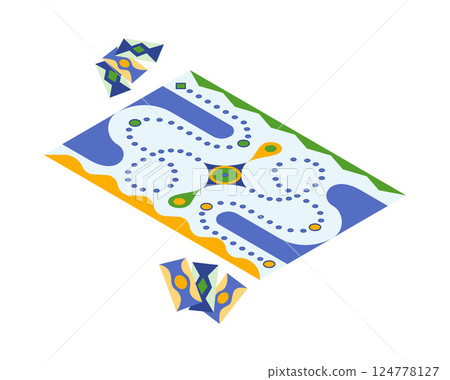 Board game, flat isometric view. Isolated colored icon. Playing cards and dice table gaming. Cartoon family table game for adults and kids for leisure and recreation. Vector illustration Board game, flat isometric view. Isolated colored icon. Playing cards and dice table gaming. Cartoon family table game for adults and kids for leisure and recreation. Vector illustration 124778127