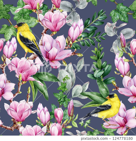 Lush floral decor with magnolia pink flowers, green leaves, goldfinch birds seamless pattern. Hand drawn vintage style watercolor illustration. Spring time bright floral decoration on dark background Lush floral decor with magnolia pink flowers, green leaves, goldfinch birds seamless pattern. Hand drawn vintage style watercolor illustration. Spring time bright floral decoration on dark background 124778180