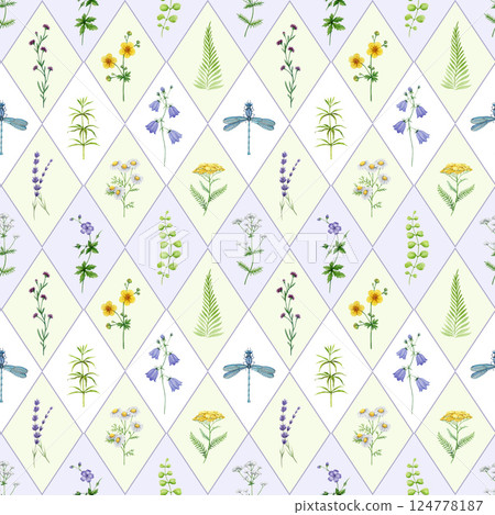 Wild flowers summer mood seamless pattern tile watercolor hand drawn vintage style illustration. Blue bell flower, lavender, chamomile, buttercup, fern leaves floral elements elegant decor Wild flowers summer mood seamless pattern tile watercolor hand drawn vintage style illustration. Blue bell flower, lavender, chamomile, buttercup, fern leaves floral elements elegant decor 124778187