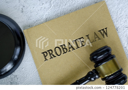 Top view of Probate Law book with gavel on marble background 124778201