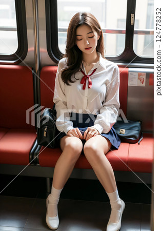 女學生在火車上打瞌睡AI圖像AI照片AI凹版 124778252