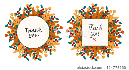 Thank you lettering Note pages on Autumn leaves wreath background Thanksgiving Greeting design Set 124778260
