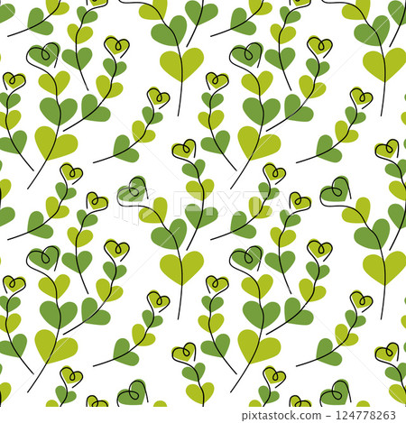 Hand drawn Hearts shape branches Monochrome green Seamless Pattern Springtime or St Patrick Backdrop 124778263