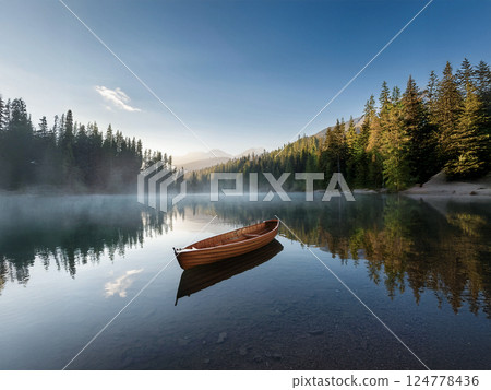 Boat floating on a lake in the morning mist 124778436