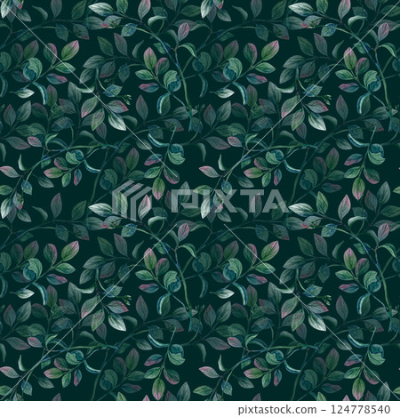 Leaves seamless pattern, pistachio. Green leaves branches watercolor illustration isolated on dark background. Botanical ornate for wallpaper, textile, wrapping paper, packaging, rustic style posters Leaves seamless pattern, pistachio. Green leaves branches watercolor illustration isolated on dark background. Botanical ornate for wallpaper, textile, wrapping paper, packaging, rustic style posters 124778540
