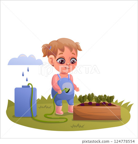Illustration of a child doing gardening and animal husbandry 124778554