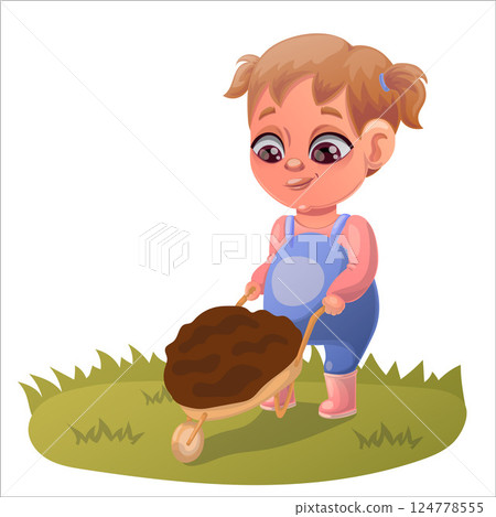 Illustration of a child doing gardening and animal husbandry Illustration of a child doing gardening and animal husbandry 124778555