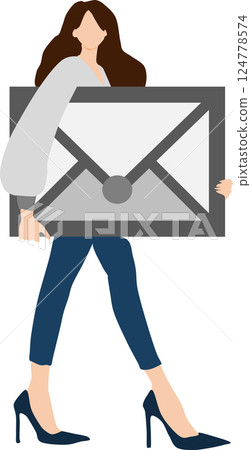 Illustration of a businesswoman holding an envelope in one hand Illustration of a businesswoman holding an envelope in one hand 124778574