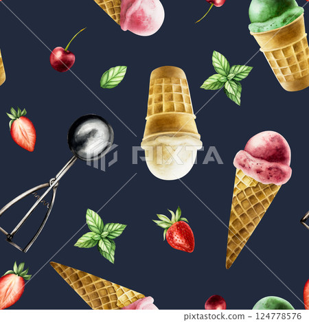 Seamless pattern with vanilla and strawberry, raspberry ice cream in crispy waffle cone, mint. Silver scoop spoon. Hand painting sweet watercolor illustration isolated on background. For designers 124778576