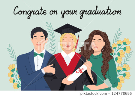 Happy female student is celebrating graduation in robe standing together with mom and dad.	 124778696
