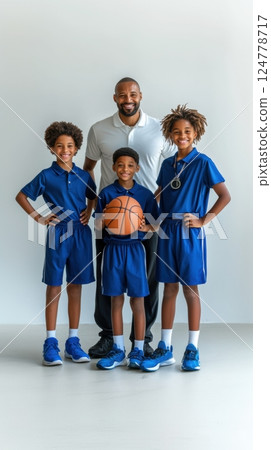 Smiling coach stands behind three young basketball players in blue uniforms posing with ball against bright white background. 124778717