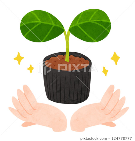 帶有兩片葉子和棕櫚樹的育苗盆，水彩風格的手繪插畫 124778777