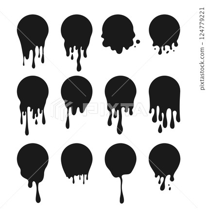 Melt drip black paint circles isolated on white background. Paint round splashes with drops, liquid shape, stains. Black ink fluid 124779221