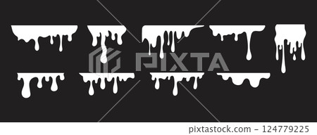 Melting white paint stains on dark background. White paint splashes with drops, liquid shape, white paint fluid Melting white paint stains on dark background. White paint splashes with drops, liquid shape, white paint fluid 124779225