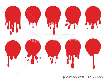 Dripping blood splash circles, stains, splatter in round shape isolated on white background. Vector illustration Dripping blood splash circles, stains, splatter in round shape isolated on white background. Vector illustration 124779227