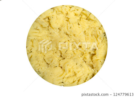Potato puree with dill on white isolated background, top view Potato puree with dill on white isolated background, top view 124779613