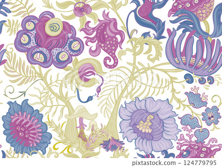 Fantasy, alien hypnotic flowers, decorative flowers and leaves 124779795