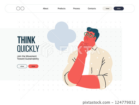 Thinking people, modern flat vector concept illustration- man standing thoughtfully, looking upwards, bubble near his head Metaphor for reflection, analysis, introspection, contemplation, deep thought 124779832
