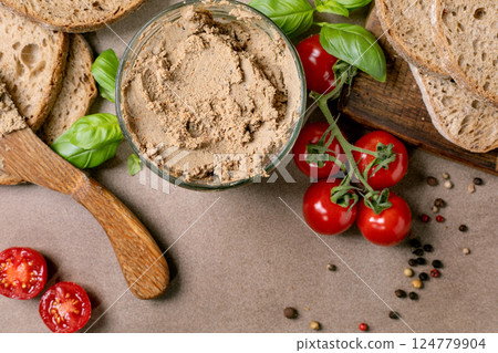 Rustic Bread with Pate and Tomatoes Rustic Bread with Pate and Tomatoes 124779904