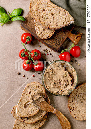 Rustic Bread with Pate and Tomatoes Rustic Bread with Pate and Tomatoes 124779905