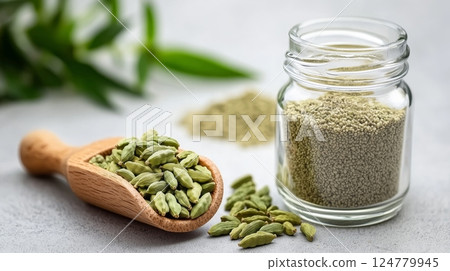 Fresh green cardamom pods, with crushed cardamom seeds and a glass jar.  124779945