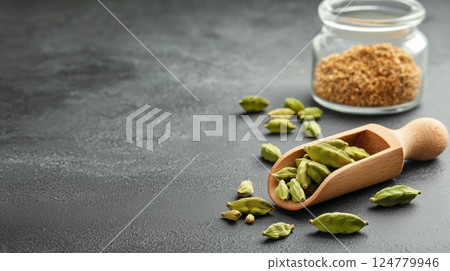 Fresh green cardamom pods, with crushed cardamom seeds and a glass jar.  124779946