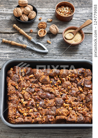 Brioche french toast sweet casserole, top view Brioche french toast sweet casserole, top view 124779988