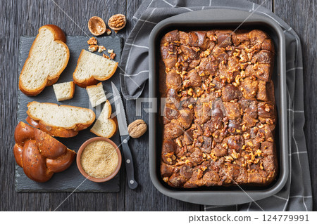 Brioche french toast sweet casserole, top view Brioche french toast sweet casserole, top view 124779991