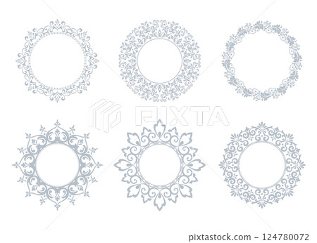 Set of decorative frames Elegant vector element for design in Eastern style, place for text. Floral gray and white borders. Lace illustration for invitations and greeting cards Set of decorative frames Elegant vector element for design in Eastern style, place for text. Floral gray and white borders. Lace illustration for invitations and greeting cards 124780072