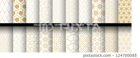 Geometric set of seamless golden and white patterns. Simple vector graphics 124780088