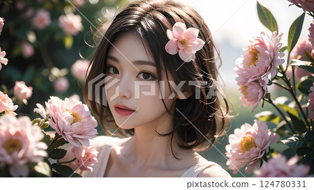 年輕女子的肖像，周圍環繞著粉紅色的花朵 124780331