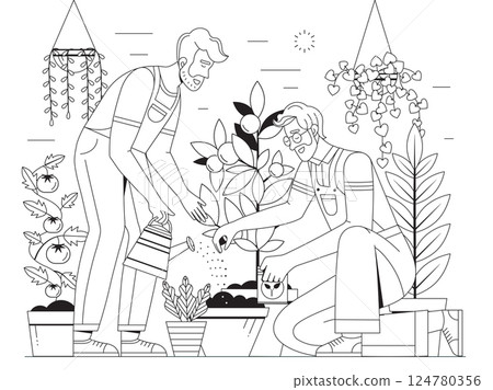 Gay Couple Planting and Watering Vegetable Plants 124780356