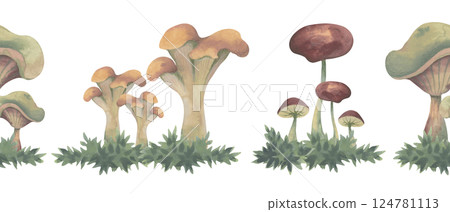 Autumn seamless border with mushrooms -watercolor illustration with color pencil texture 124781113