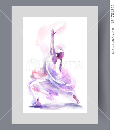 Does yoga exercise, raising arms up and reaching for sun on wall art. Watercolor artwork Does yoga exercise, raising arms up and reaching for sun on wall art. Watercolor artwork 124781263