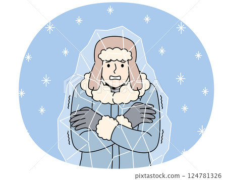 Frozen man stands inside block of ice and chatters teeth, suffering due to sudden climate change 124781326