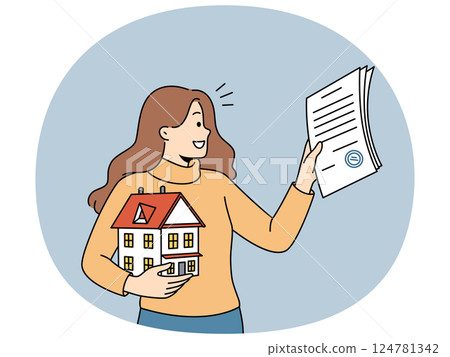 Woman realtor helps people in purchasing real estate and holds mortgage contract and model of house 124781342