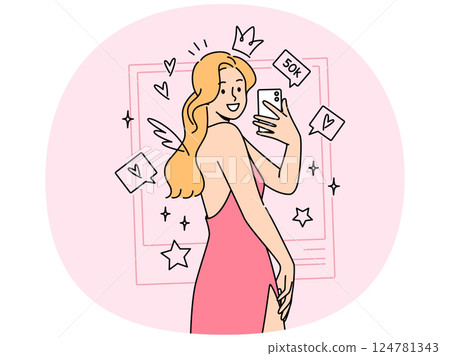 Woman photo model takes selfie in cocktail dress, standing among rating icons from social networks 124781343