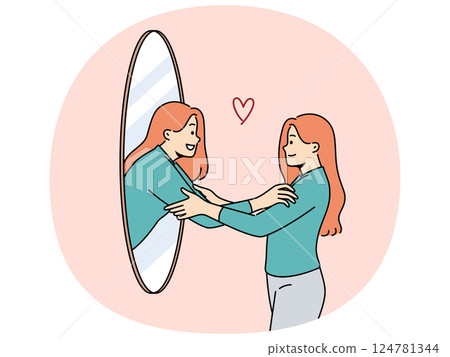 Woman hugs own reflection in mirror demonstrating narcissism and high self-esteem 124781344